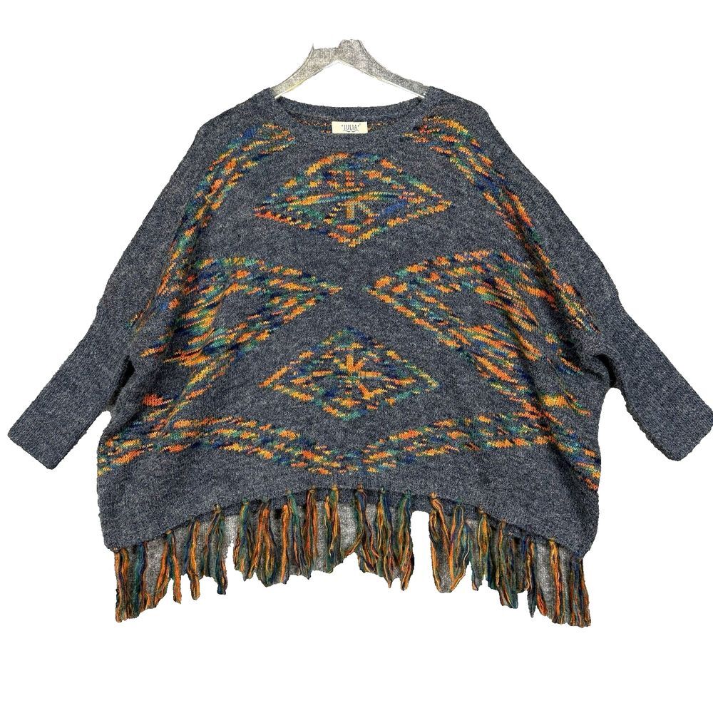 Julia Sweater Womens One Size Blue Rainbow Aztec Fringe Crewneck Dolman Sleeve‎